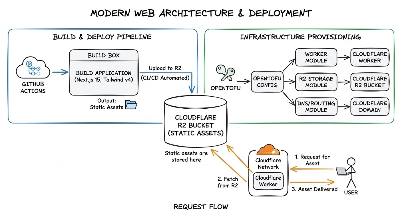 Modern web architecture and deployment diagram showing the build and deploy pipeline from GitHub Actions through Next.js build to Cloudflare R2, infrastructure provisioning via OpenTofu to Cloudflare Workers, R2 storage, and DNS routing, and the request flow from user through Cloudflare Worker to static assets