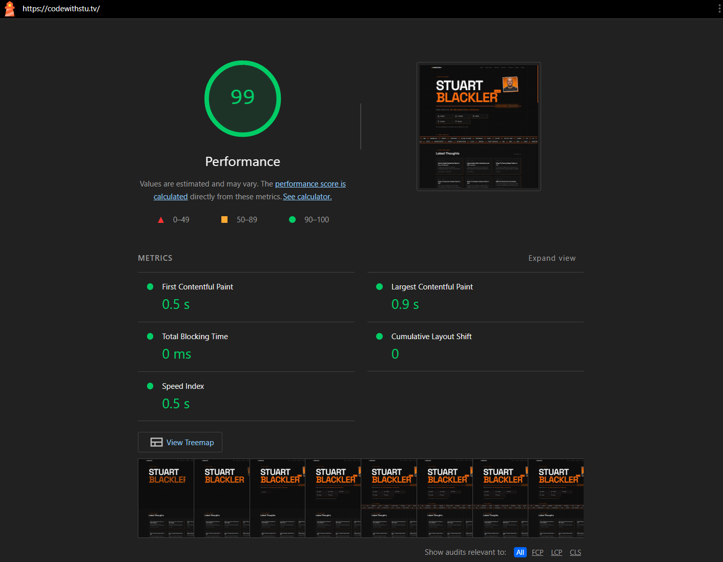 Lighthouse performance score of 99 for codewithstu.tv showing First Contentful Paint 0.5s, Largest Contentful Paint 0.9s, Total Blocking Time 0ms, Cumulative Layout Shift 0, and Speed Index 0.5s